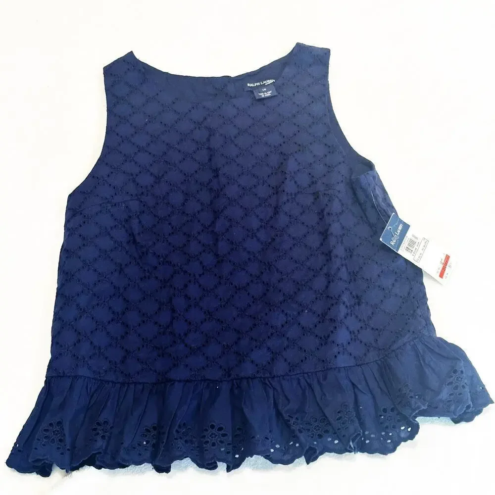 NEW Ralph Lauren Blue Eyelet Top sz 14 Sleeveless top Girls shirt